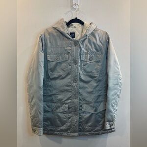 GAP Sz L Silver Quilted Cozy Drawstring Waist Many Pockets Puffer Coat  Jacket